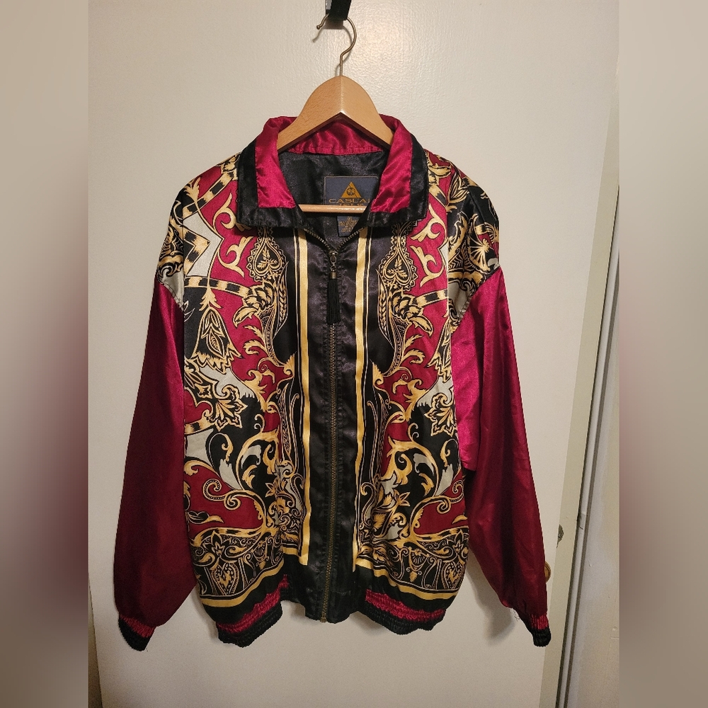 Vintage Baroque-Print Satin Bomber Jacket